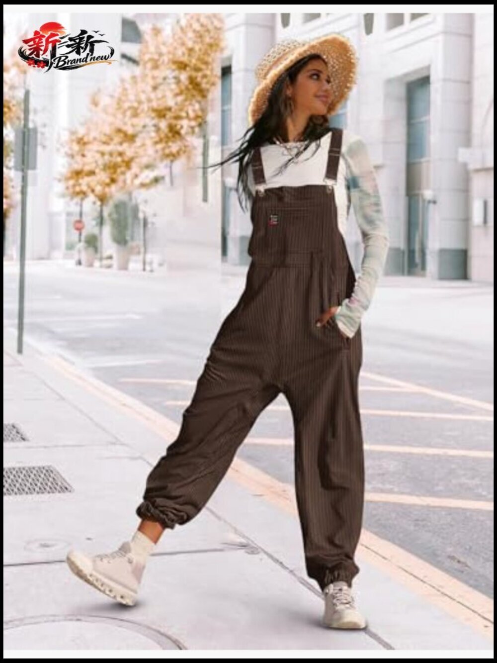 Women's Corduroy Overalls Sleeveless Adjustable Straps Loose Fit Harem Jumpsuit - Picture 5 of 7